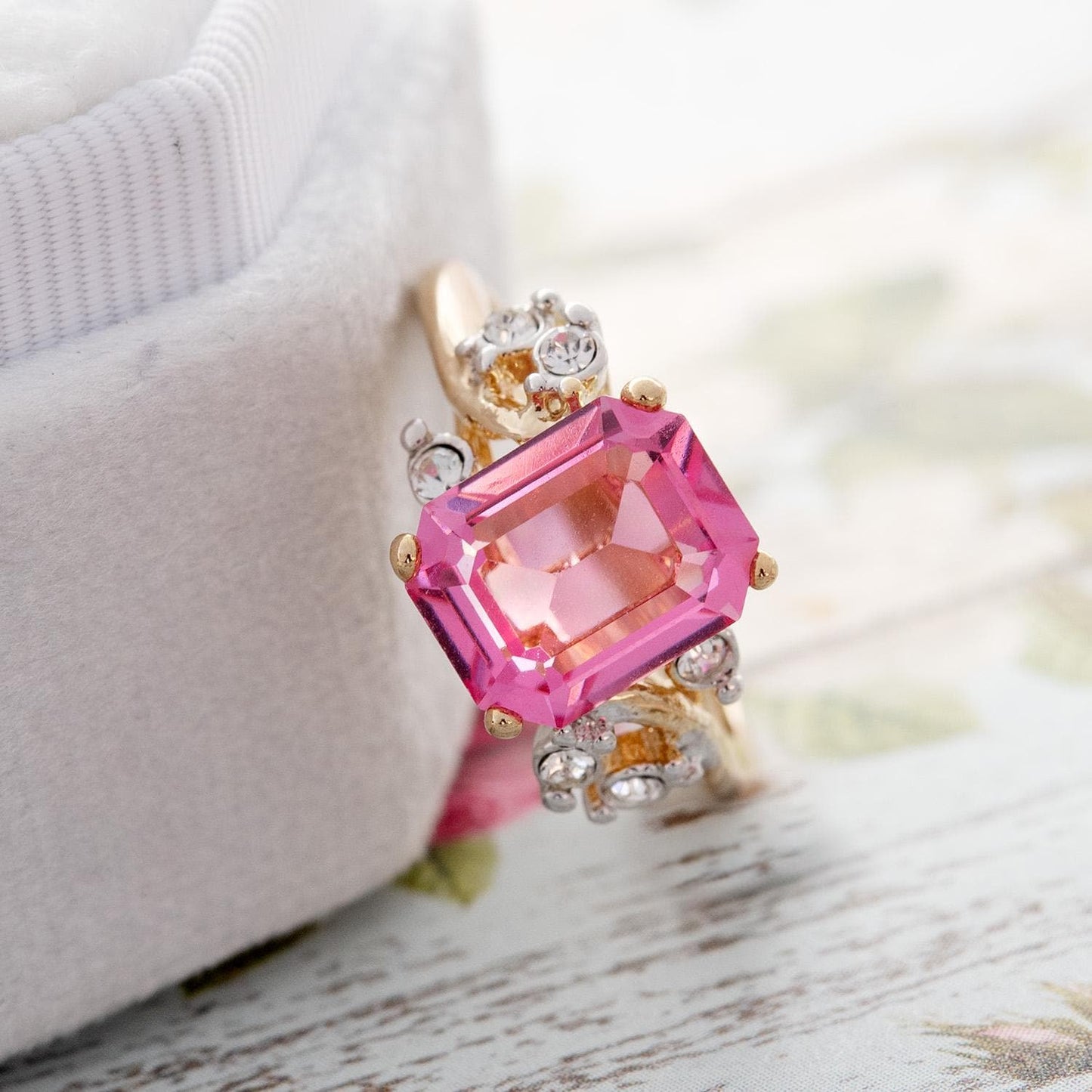 Vintage 1980s Austrian Crystal Pink Tourmaline Color Emerald Cut Ring – 18k Gold Electroplated jewelry image 1
