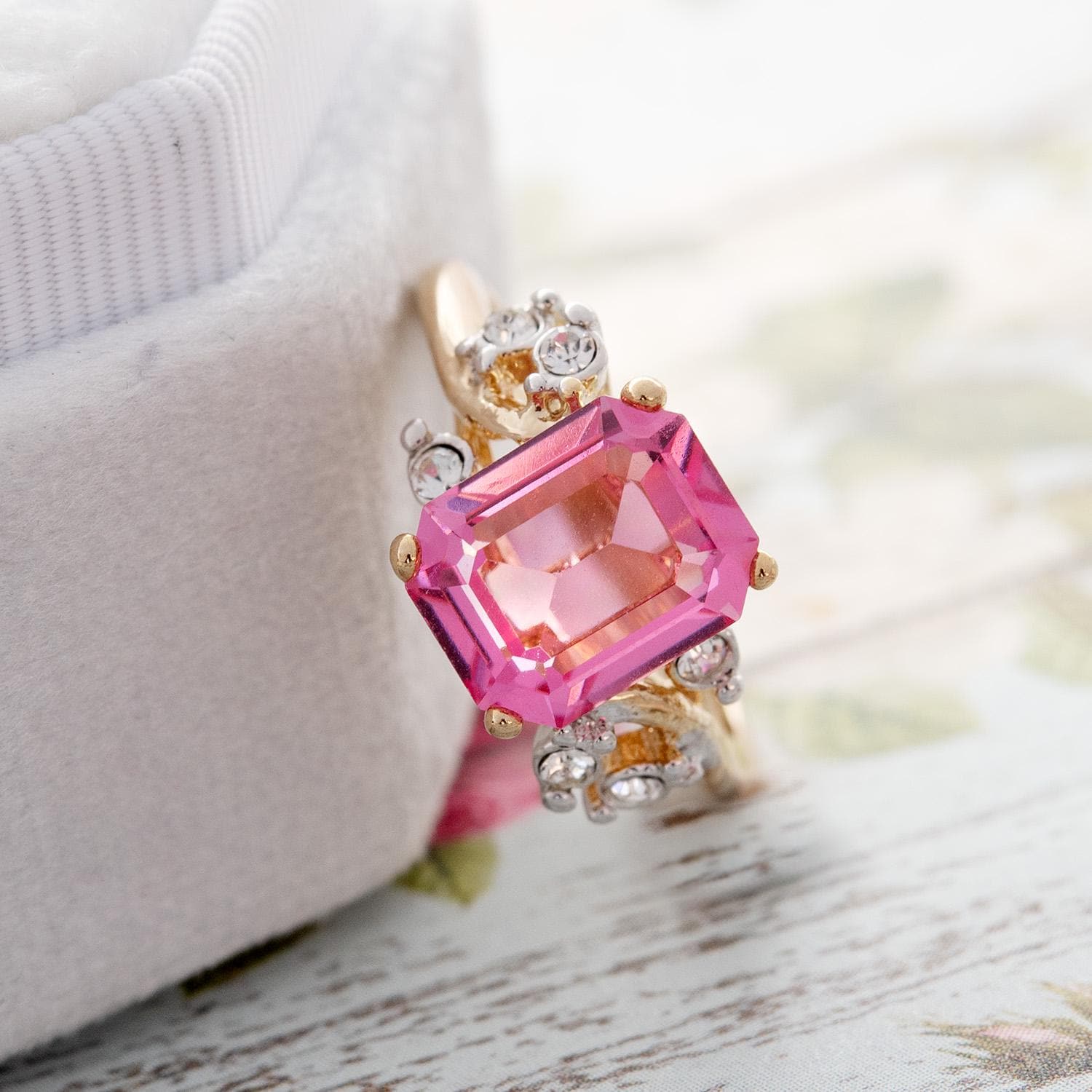 Vintage 1980s Austrian Crystal Pink Tourmaline Color Emerald Cut Ring – 18k Gold Electroplated jewelry image 1