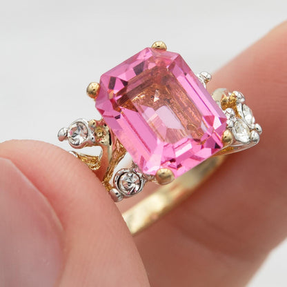 Vintage 1980s Austrian Crystal Pink Tourmaline Color Emerald Cut Ring – 18k Gold Electroplated jewelry image 1