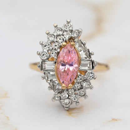 Vintage 1970s Austrian Crystal Pink Tourmaline Cocktail Ring - 18k White Gold Electroplated, Made in USA jewelry image 1