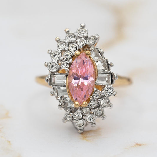 Vintage 1970s Austrian Crystal Pink Tourmaline Cocktail Ring - 18k White Gold Electroplated, Made in USA jewelry image 1