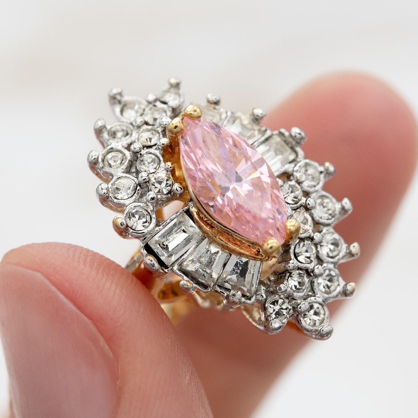 Vintage 1970s Austrian Crystal Pink Tourmaline Cocktail Ring - 18k White Gold Electroplated, Made in USA jewelry image 1