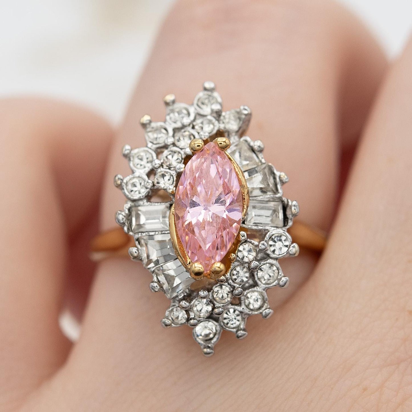 Vintage 1970s Austrian Crystal Pink Tourmaline Cocktail Ring - 18k White Gold Electroplated, Made in USA jewelry image 1