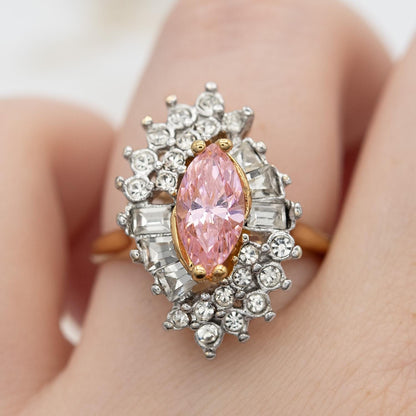 Vintage 1970s Austrian Crystal Pink Tourmaline Cocktail Ring - 18k White Gold Electroplated, Made in USA jewelry image 1