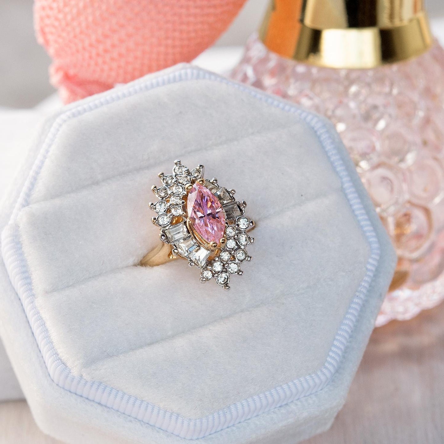 Vintage 1970s Austrian Crystal Pink Tourmaline Cocktail Ring - 18k White Gold Electroplated, Made in USA jewelry image 1