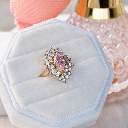 Vintage 1970s Austrian Crystal Pink Tourmaline Cocktail Ring - 18k White Gold Electroplated, Made in USA jewelry image 1