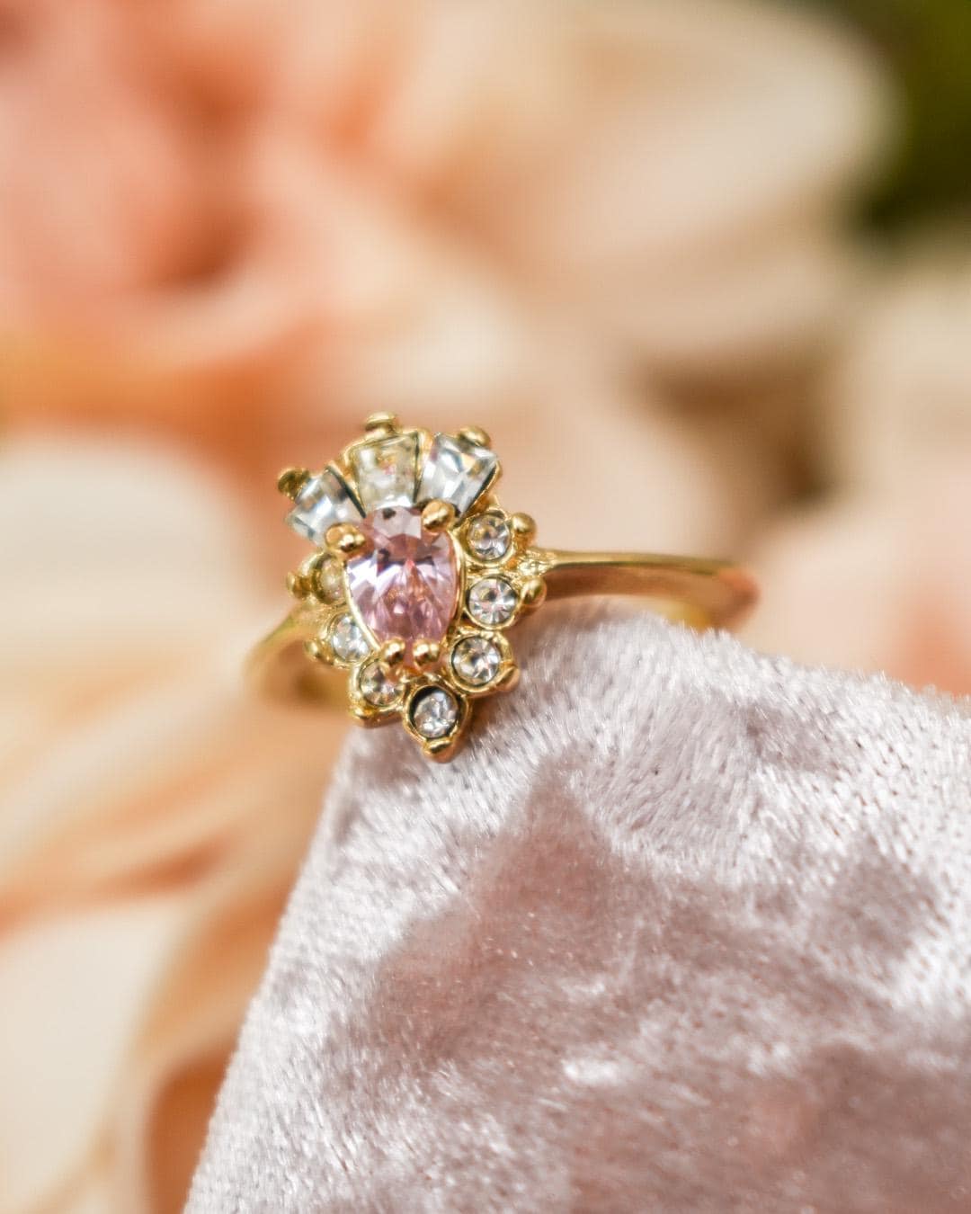 Vintage 1990s Pink Tourmaline CZ & Austrian Crystal 18k Gold Electroplated Cocktail Ring jewelry image 1