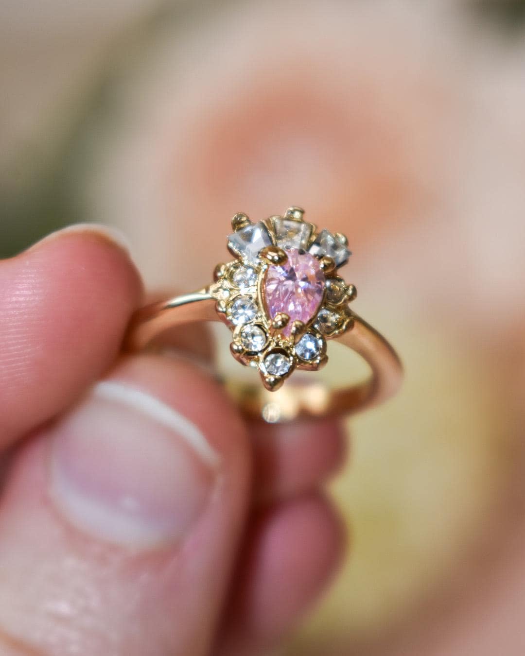 Vintage 1990s Pink Tourmaline CZ & Austrian Crystal 18k Gold Electroplated Cocktail Ring jewelry image 1