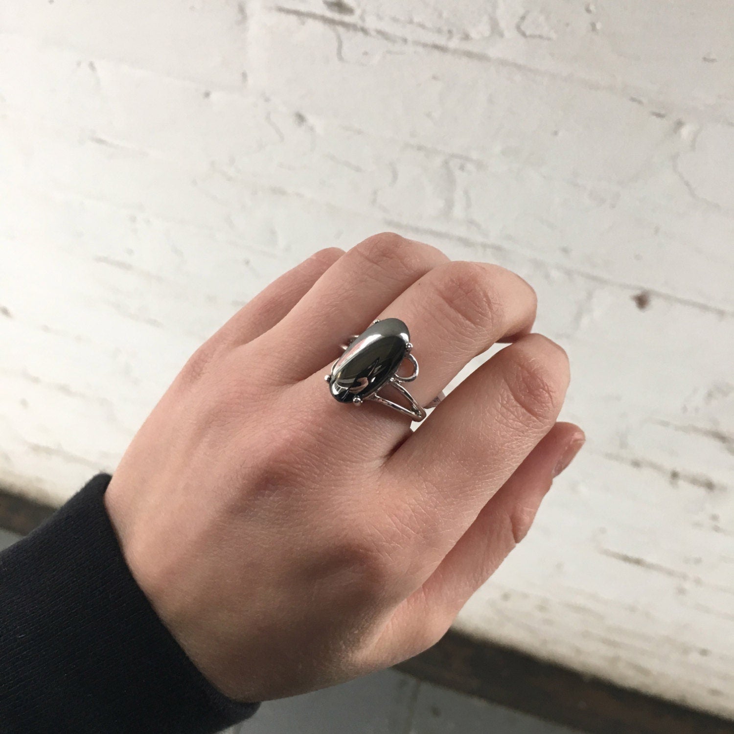 Vintage 1970s Oval Cut Glass Hematite 18K White Gold Electroplated Cocktail Ring - Made in USA jewelry image 1