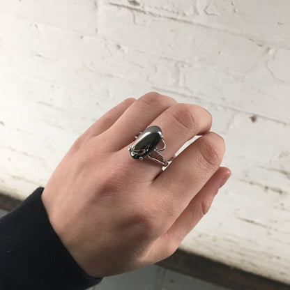 Vintage 1970s Oval Cut Glass Hematite 18K White Gold Electroplated Cocktail Ring - Made in USA jewelry image 1