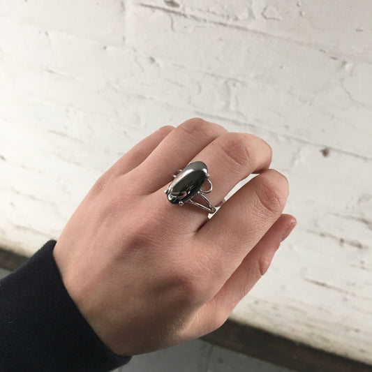 Vintage 1970s Oval Cut Glass Hematite 18K White Gold Electroplated Cocktail Ring - Made in USA jewelry image 1