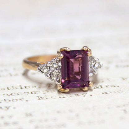 Vintage 1980s Amethyst Swarovski Crystal Ring with Clear Crystal Accents - 18k Gold Electroplated - Made in USA jewelry image 1