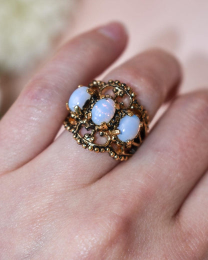 Vintage Genuine Pinfire Opal Three-Stone Ring – 18kt Gold Electroplate Antiqued Setting jewelry image 1