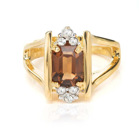 Stella 1980s Smoke Topaz and Clear Austrian Crystal 18k Gold Electroplated Ring jewelry image 1