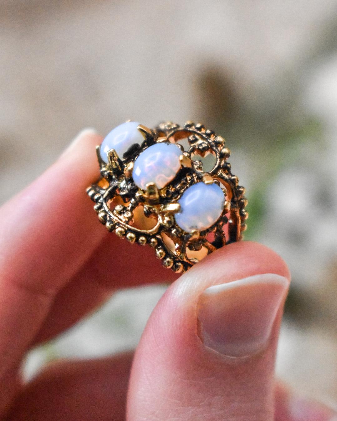 Vintage Genuine Pinfire Opal Three-Stone Ring – 18kt Gold Electroplate Antiqued Setting jewelry image 1
