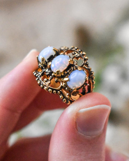 Vintage Genuine Pinfire Opal Three-Stone Ring – 18kt Gold Electroplate Antiqued Setting jewelry image 1