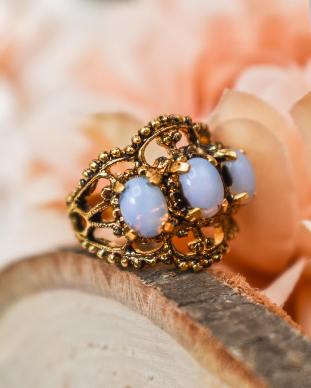 Vintage Genuine Pinfire Opal Three-Stone Ring – 18kt Gold Electroplate Antiqued Setting jewelry image 1