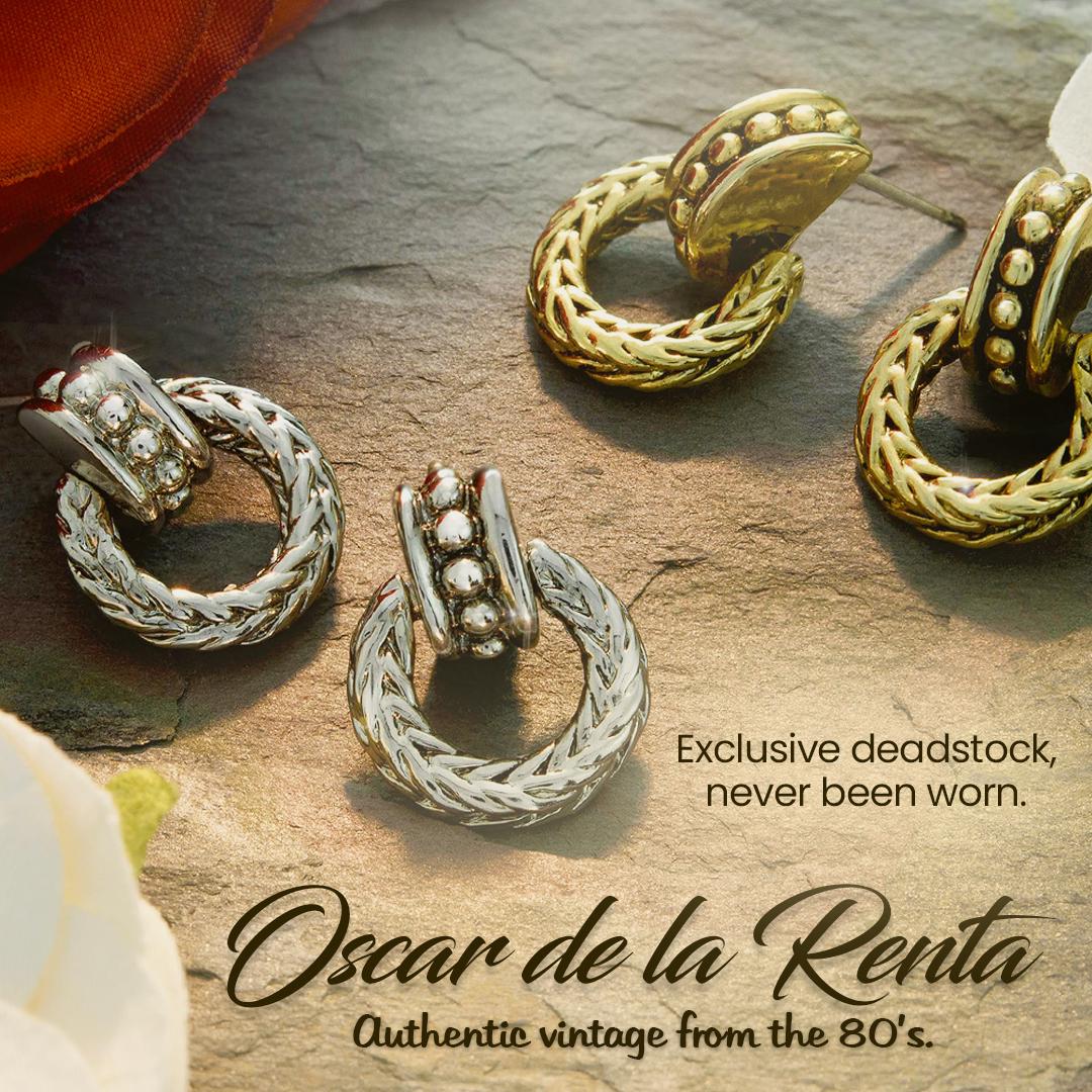 Vintage Oscar De La Renta Antiqued Silver Tone Braided Dangling Hoop Earrings jewelry image 1