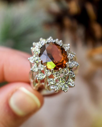 Vintage Smokey Topaz and Clear Austrian Crystal 18k White Gold Electroplated Cocktail Ring jewelry image 1