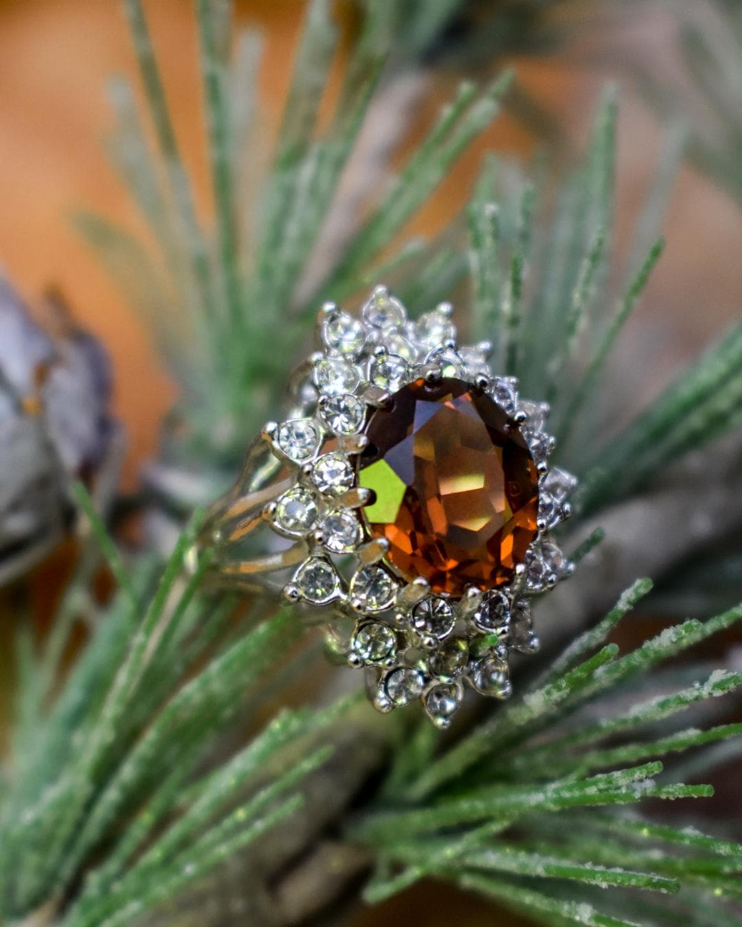 Vintage Smokey Topaz and Clear Austrian Crystal 18k White Gold Electroplated Cocktail Ring jewelry image 1
