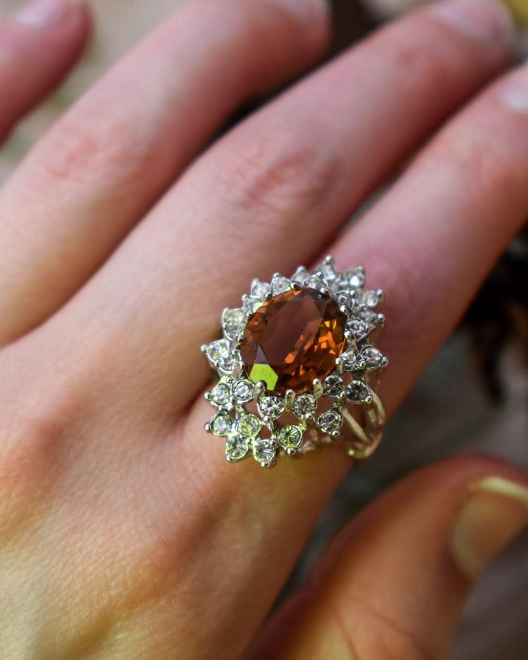 Vintage Smokey Topaz and Clear Austrian Crystal 18k White Gold Electroplated Cocktail Ring jewelry image 1