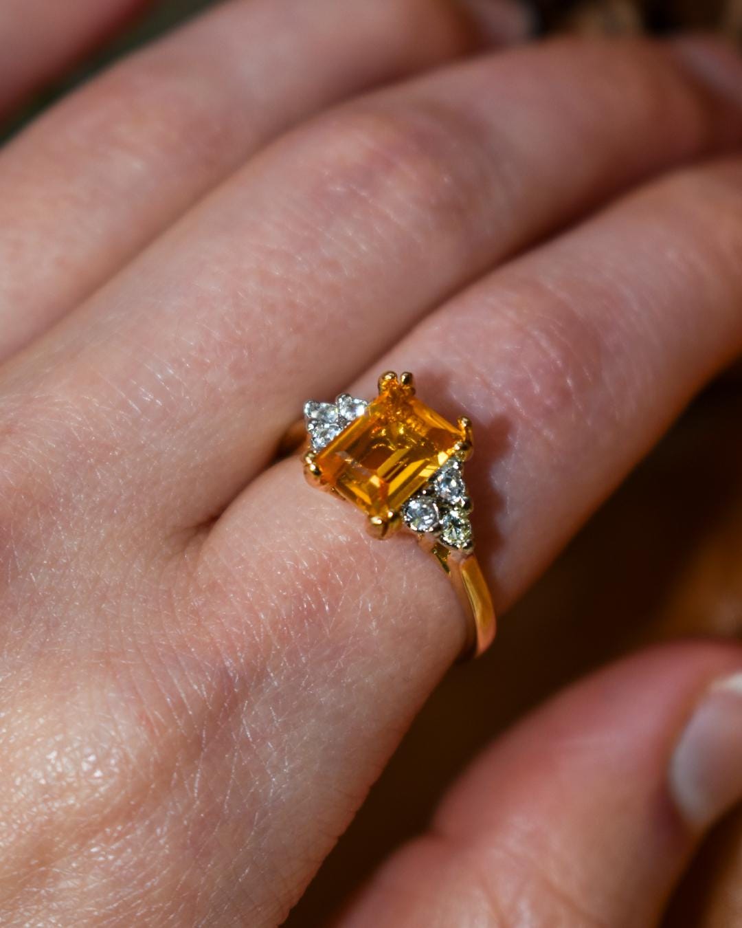 Vintage 1980s Light Topaz Emerald Cut Austrian Crystal Ring with Clear Crystal Accents - 18k Yellow Gold Electroplated jewelry image 1
