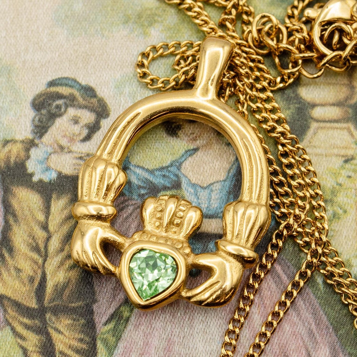 Vintage Claddagh Pendant Necklace with Peridot Austrian Heart Crystal - 18k Yellow Gold Electroplated jewelry image 1