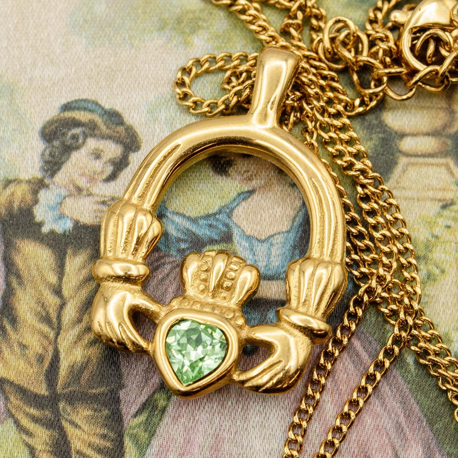 Vintage Claddagh Pendant Necklace with Peridot Austrian Heart Crystal - 18k Yellow Gold Electroplated jewelry image 1