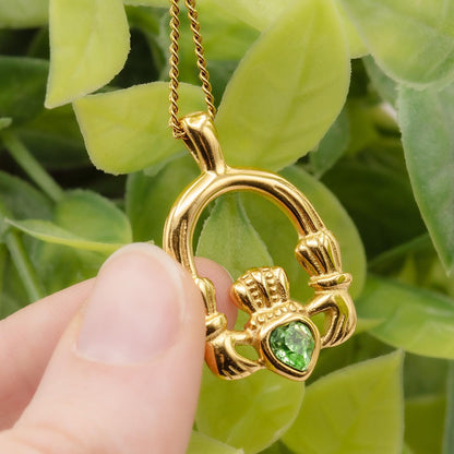 Vintage Claddagh Pendant Necklace with Peridot Austrian Heart Crystal - 18k Yellow Gold Electroplated jewelry image 1