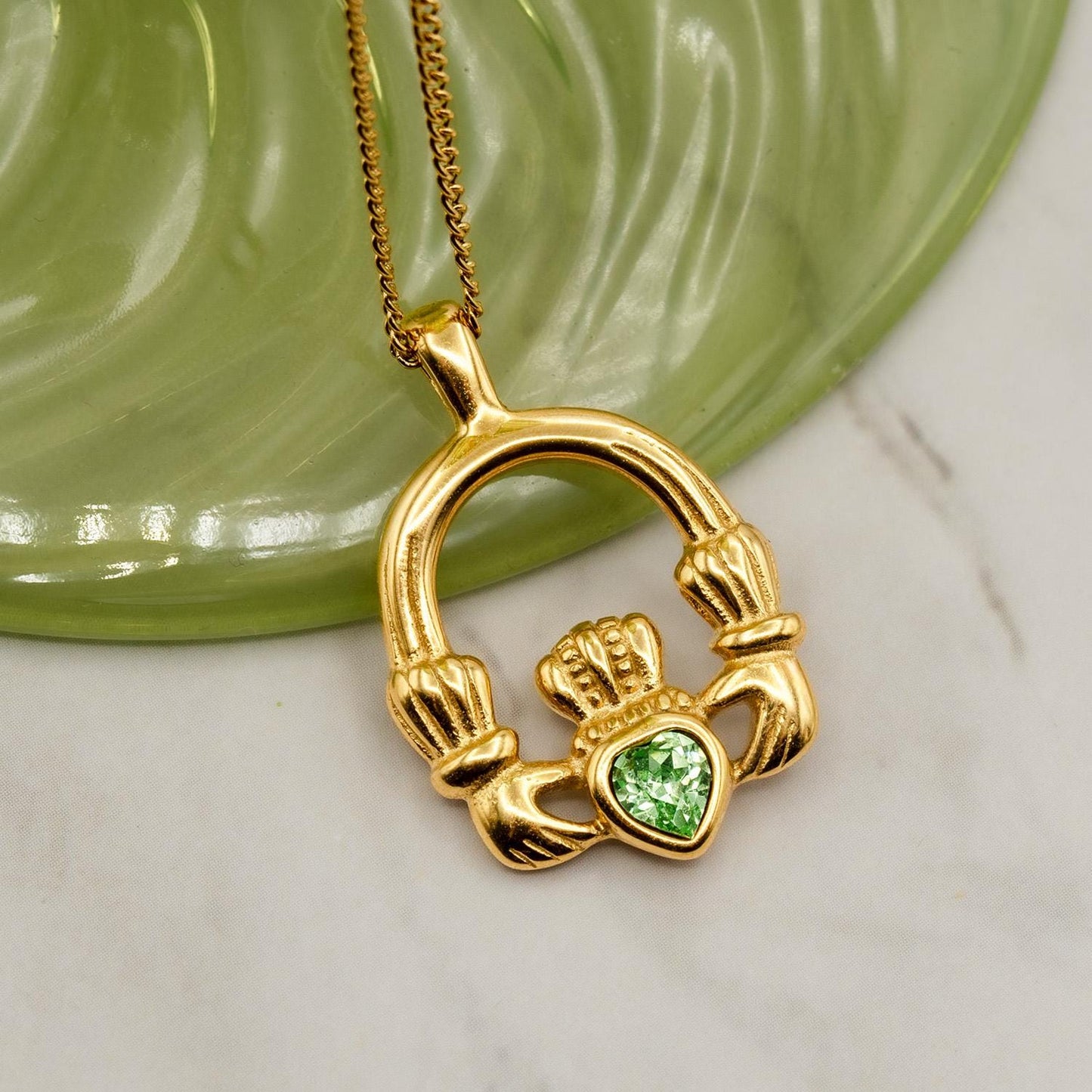 Vintage Claddagh Pendant Necklace with Peridot Austrian Heart Crystal - 18k Yellow Gold Electroplated jewelry image 1