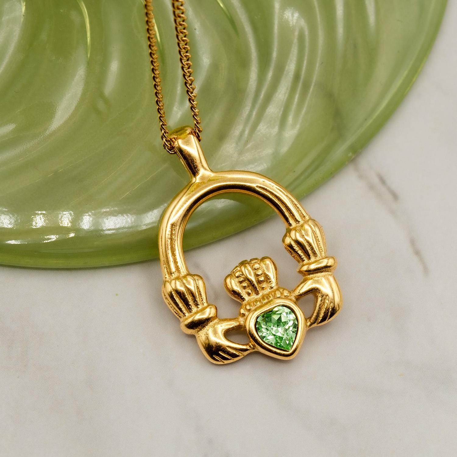 Vintage Claddagh Pendant Necklace with Peridot Austrian Heart Crystal - 18k Yellow Gold Electroplated jewelry image 1