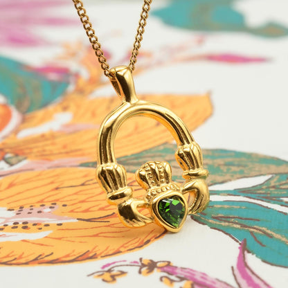 Vintage Claddagh Pendant Necklace with Green Tourmaline Austrian Heart Crystal - 18k Yellow Gold Electroplated jewelry image 1