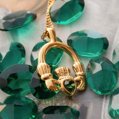 Vintage Claddagh Pendant Necklace with Green Tourmaline Austrian Heart Crystal - 18k Yellow Gold Electroplated jewelry image 1
