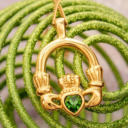 Vintage Claddagh Pendant Necklace with Green Tourmaline Austrian Heart Crystal - 18k Yellow Gold Electroplated jewelry image 1