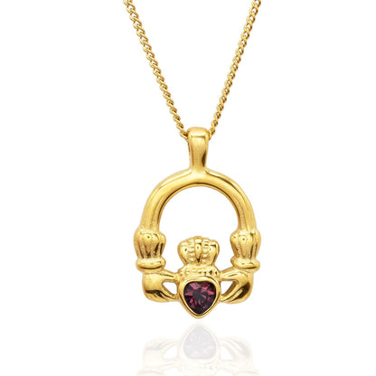 Vintage Claddagh Pendant Necklace with Amethyst Austrian Heart Crystal - 18k Yellow Gold Electroplated jewelry image 1