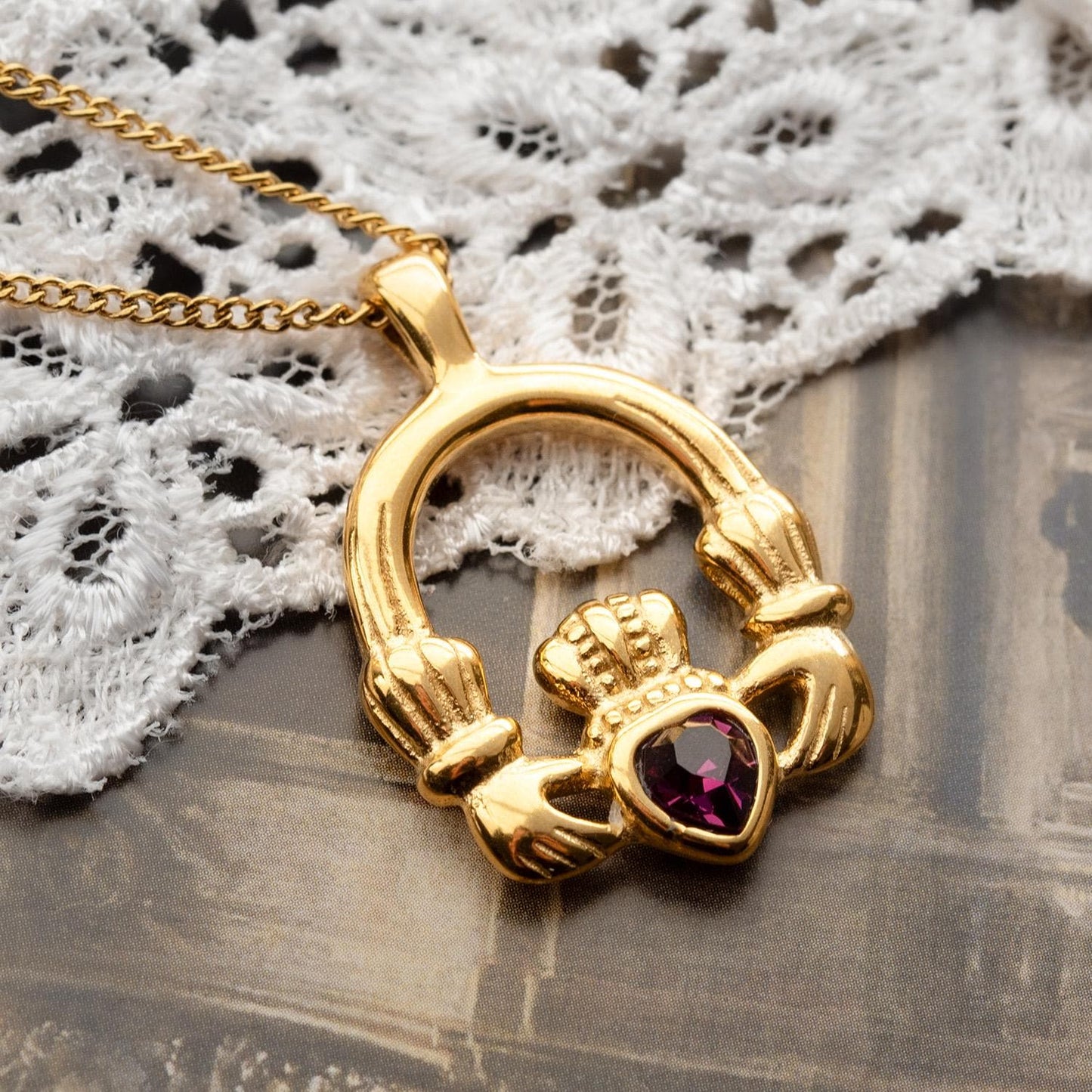 Vintage Claddagh Pendant Necklace with Amethyst Austrian Heart Crystal - 18k Yellow Gold Electroplated jewelry image 1