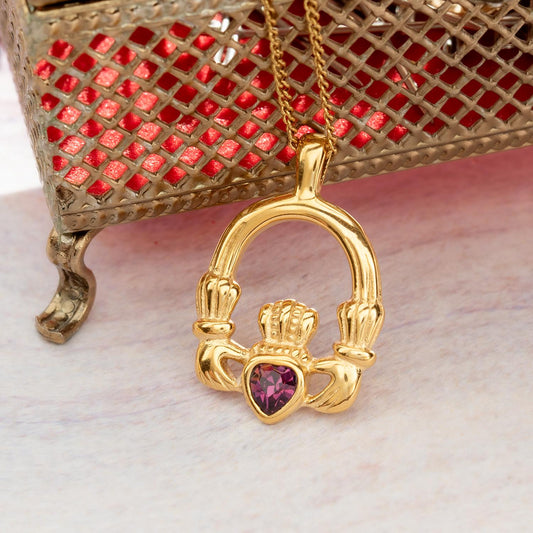 Vintage Claddagh Pendant Necklace with Amethyst Austrian Heart Crystal - 18k Yellow Gold Electroplated jewelry image 1
