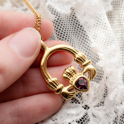 Vintage Claddagh Pendant Necklace with Amethyst Austrian Heart Crystal - 18k Yellow Gold Electroplated jewelry image 1