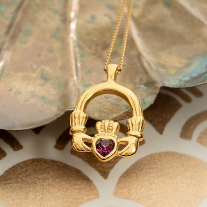 Vintage Claddagh Pendant Necklace with Amethyst Austrian Heart Crystal - 18k Yellow Gold Electroplated jewelry image 1