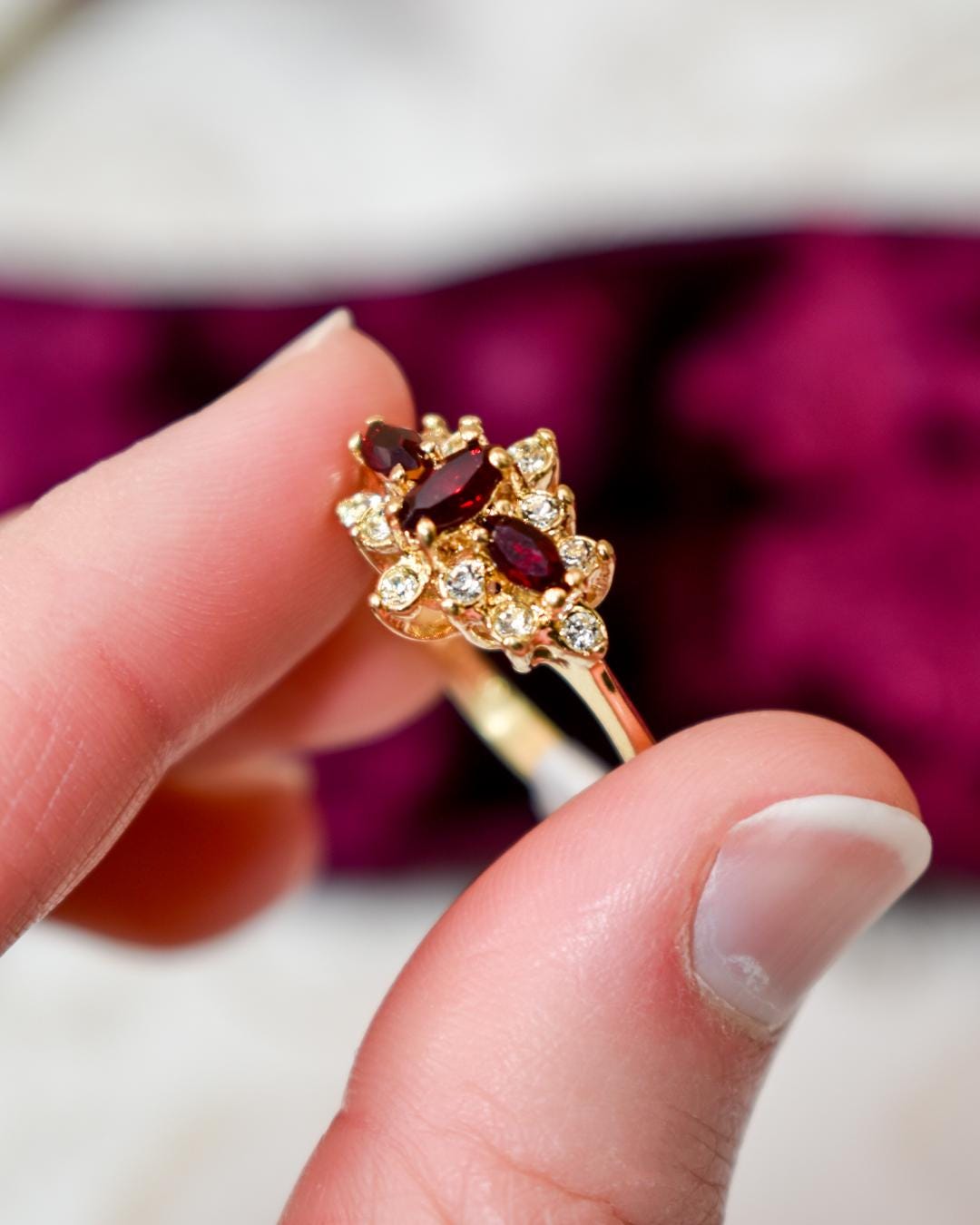 Vintage Victorian Style Garnet and Clear Austrian Crystal Cluster Ring – 18k Yellow Gold Electroplated – Made in USA jewelry image 1