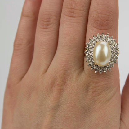 Vintage Faux Pearl and Clear Austrian Crystal Cocktail Ring in 18kt Gold Electroplate jewelry image 1