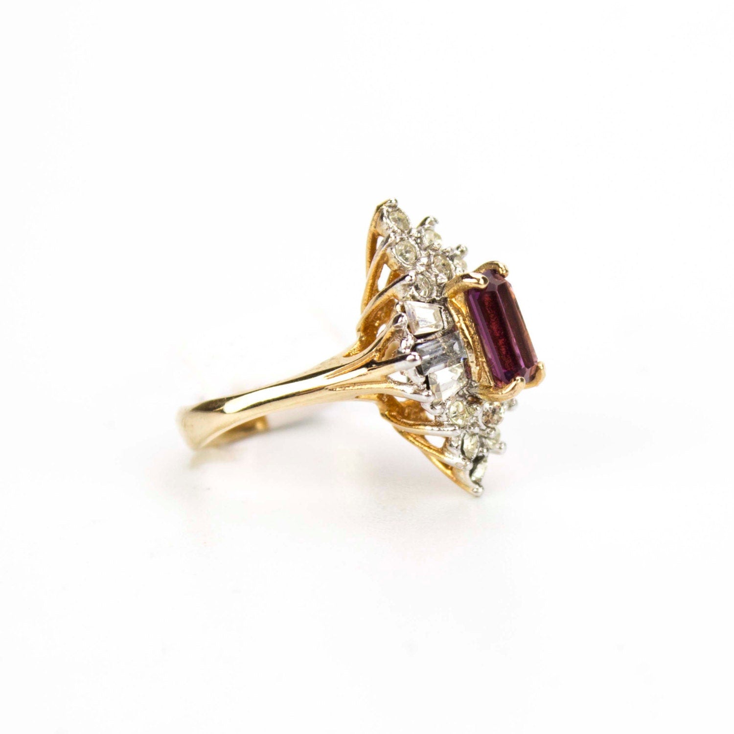 Vintage 1970s Amethyst and Clear Austrian Crystal 18k Gold Electroplated Cocktail Ring jewelry image 1