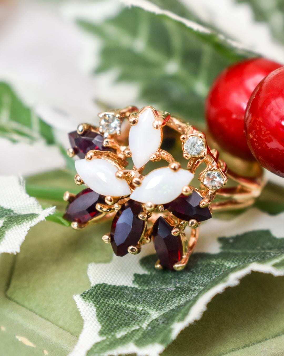 Vintage Genuine Opal Cluster Ring with Garnet and Clear Austrian Crystals – 18k Gold Electroplated jewelry image 1