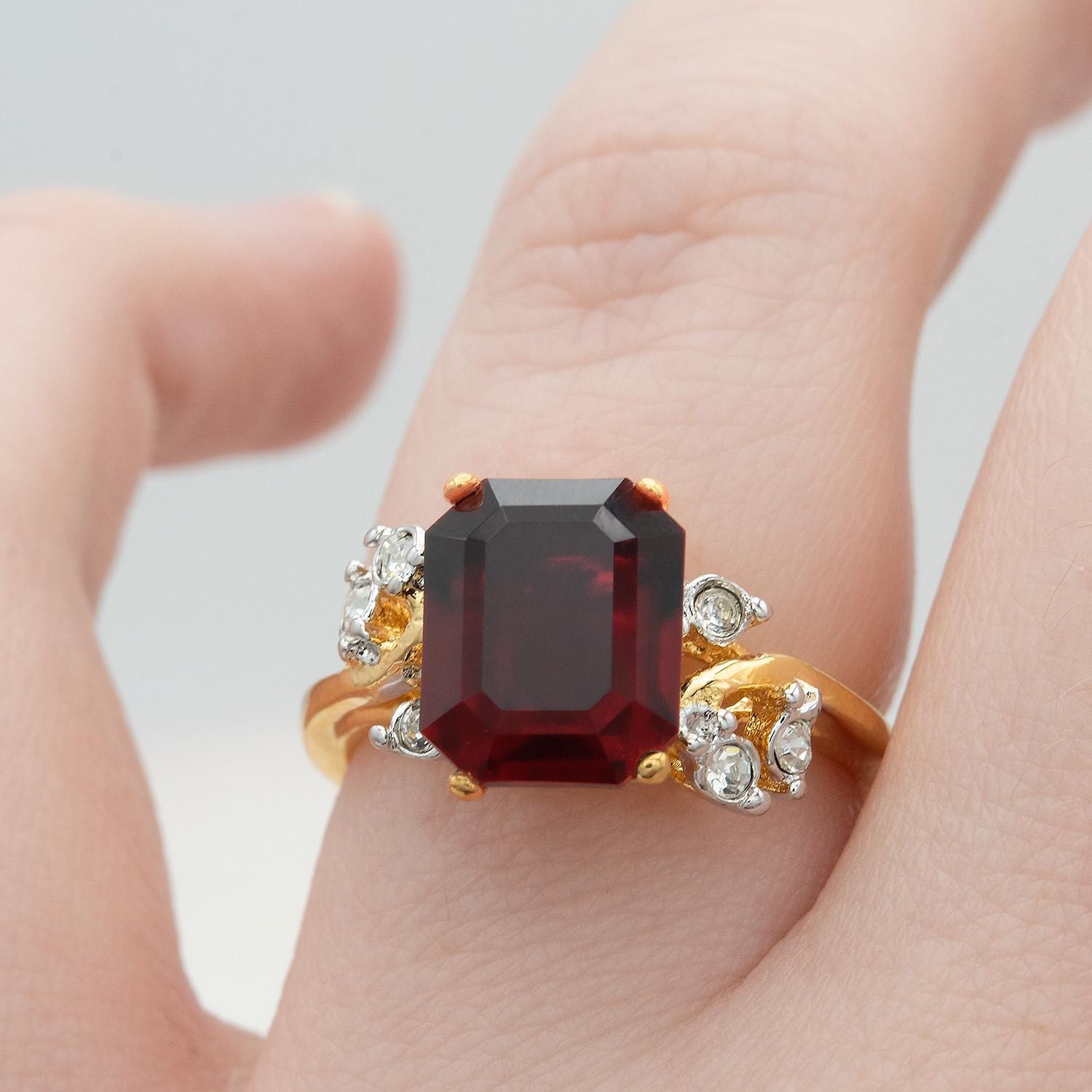 Vintage 1980s Garnet Austrian Crystal Emerald Cut Ring – 18k Gold Electroplated jewelry image 1