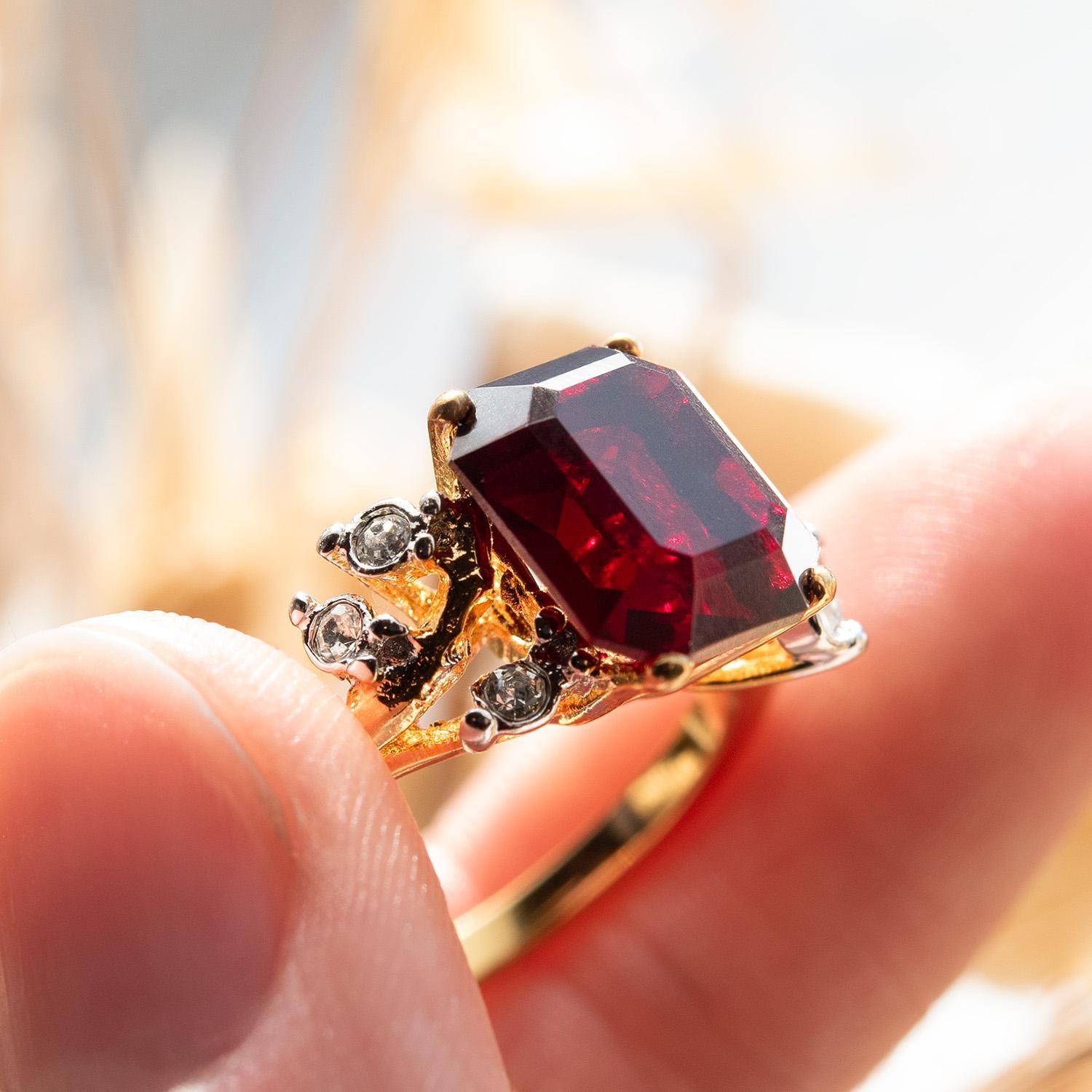 Vintage 1980s Garnet Austrian Crystal Emerald Cut Ring – 18k Gold Electroplated jewelry image 1