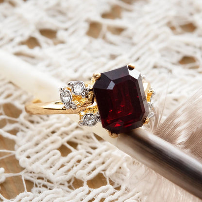 Vintage 1980s Garnet Austrian Crystal Emerald Cut Ring – 18k Gold Electroplated jewelry image 1