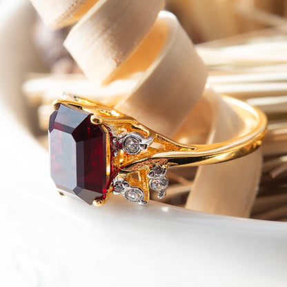 Vintage 1980s Garnet Austrian Crystal Emerald Cut Ring – 18k Gold Electroplated jewelry image 1