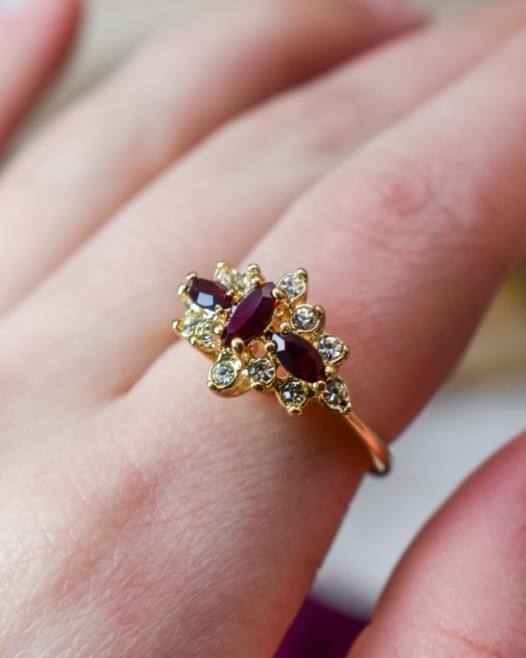 Vintage Victorian Style Garnet and Clear Austrian Crystal Cluster Ring – 18k Yellow Gold Electroplated – Made in USA jewelry image 1