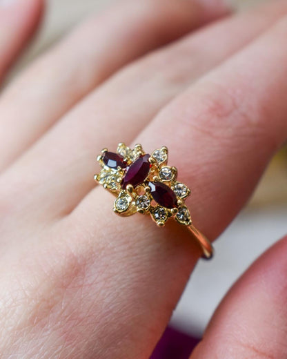 Vintage Victorian Style Garnet and Clear Austrian Crystal Cluster Ring – 18k Yellow Gold Electroplated – Made in USA jewelry image 1
