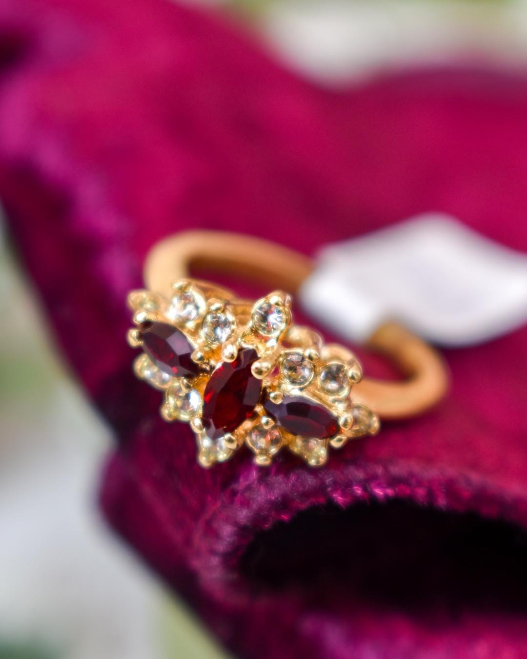 Vintage Victorian Style Garnet and Clear Austrian Crystal Cluster Ring – 18k Yellow Gold Electroplated – Made in USA jewelry image 1